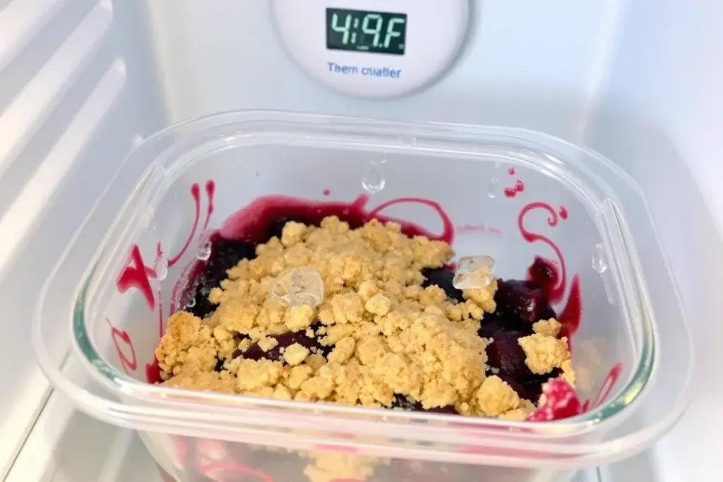 Leftover berry crumble stored in an airtight container inside a refrigerator.