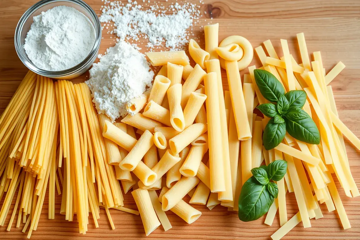 A variety of uncooked pasta shapes including spaghetti, penne, and fusilli.