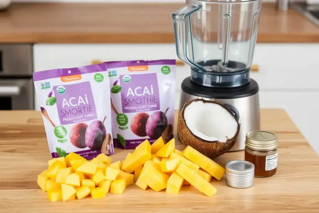 Ingredients for a tropical smoothie acai bowl, including acai puree, frozen mango, pineapple, and honey.