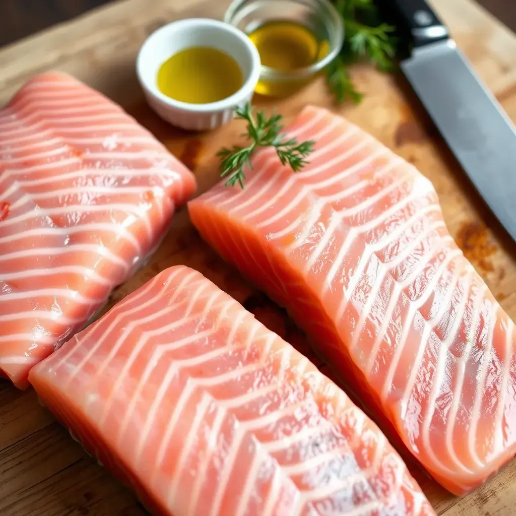 Fresh salmon fillets with olive oil and dill on a wooden cutting board.