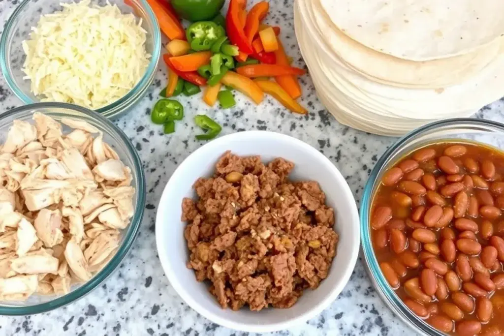 Shredded chicken, seasoned beef, and refried beans as flauta fillings.