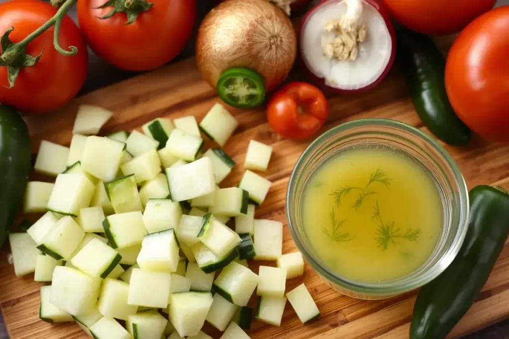 Diced pickled cucumbers with fresh ingredients for Pickle de Gallo.