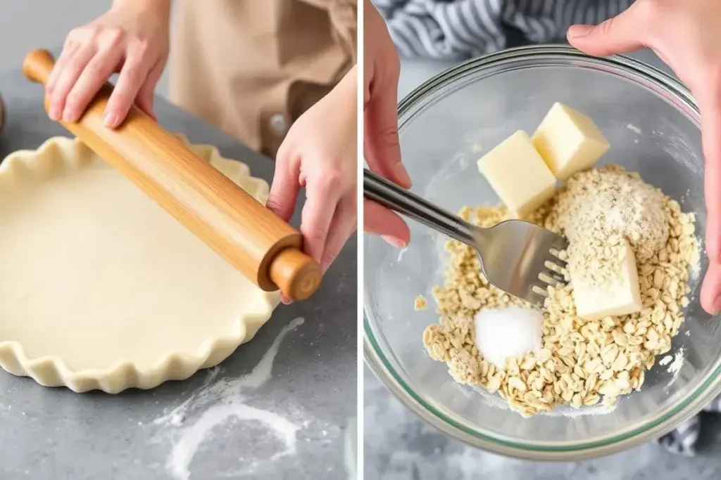 Rolling out pie dough and mixing crisp topping side by side.