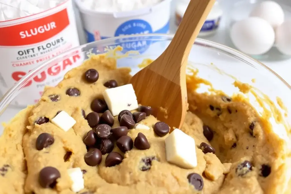 Chocolate chip cheesecake cookie dough being mixed with a wooden spatula.