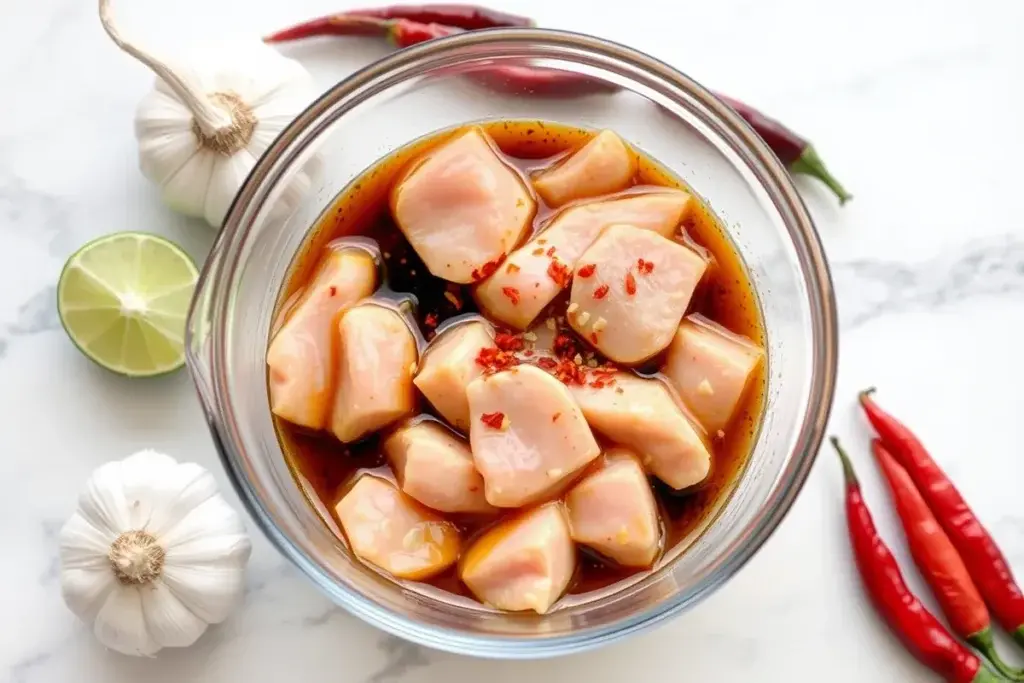 Chicken strips marinating in soy sauce, honey, garlic, and chili flakes.