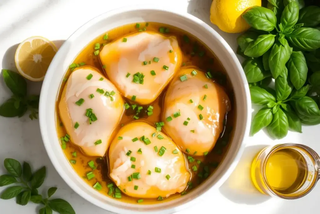 Chicken breasts marinating in olive oil, lemon juice, garlic, and basil.