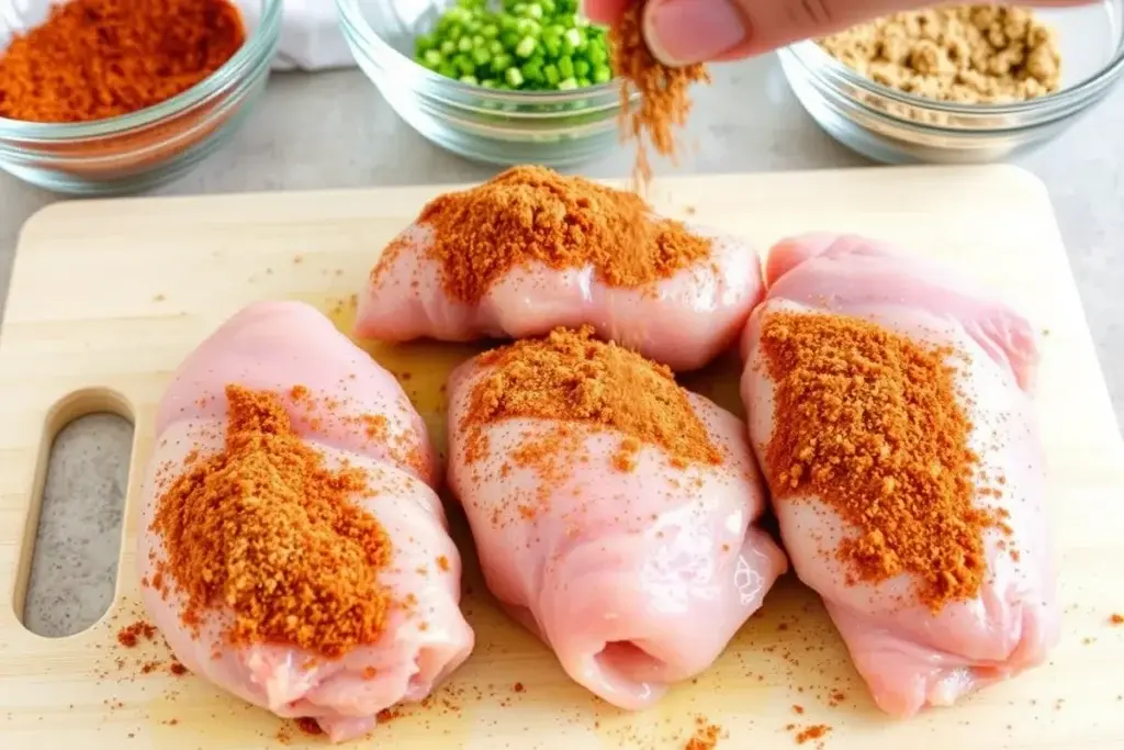 Chicken thighs being seasoned with a dry rub of paprika, garlic powder, and brown sugar.