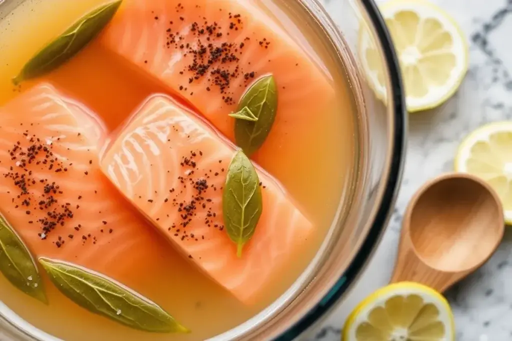 Fresh salmon fillets in a brine with cracked black pepper, salt, and sugar.