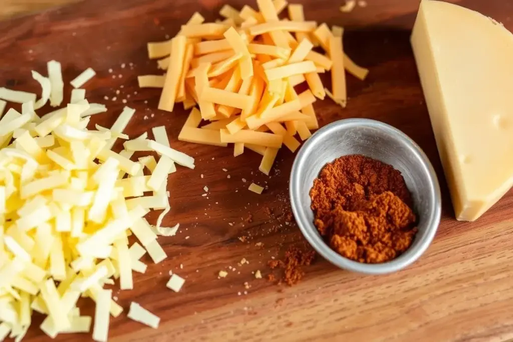 A variety of cheeses including cheddar, Gouda, and smoked cheddar on a cutting board.