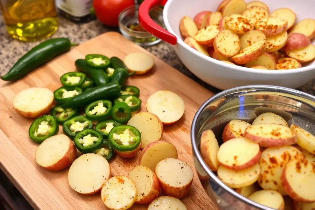 Sliced potatoes and jalapenos prepared for making homemade jalapeno chips.