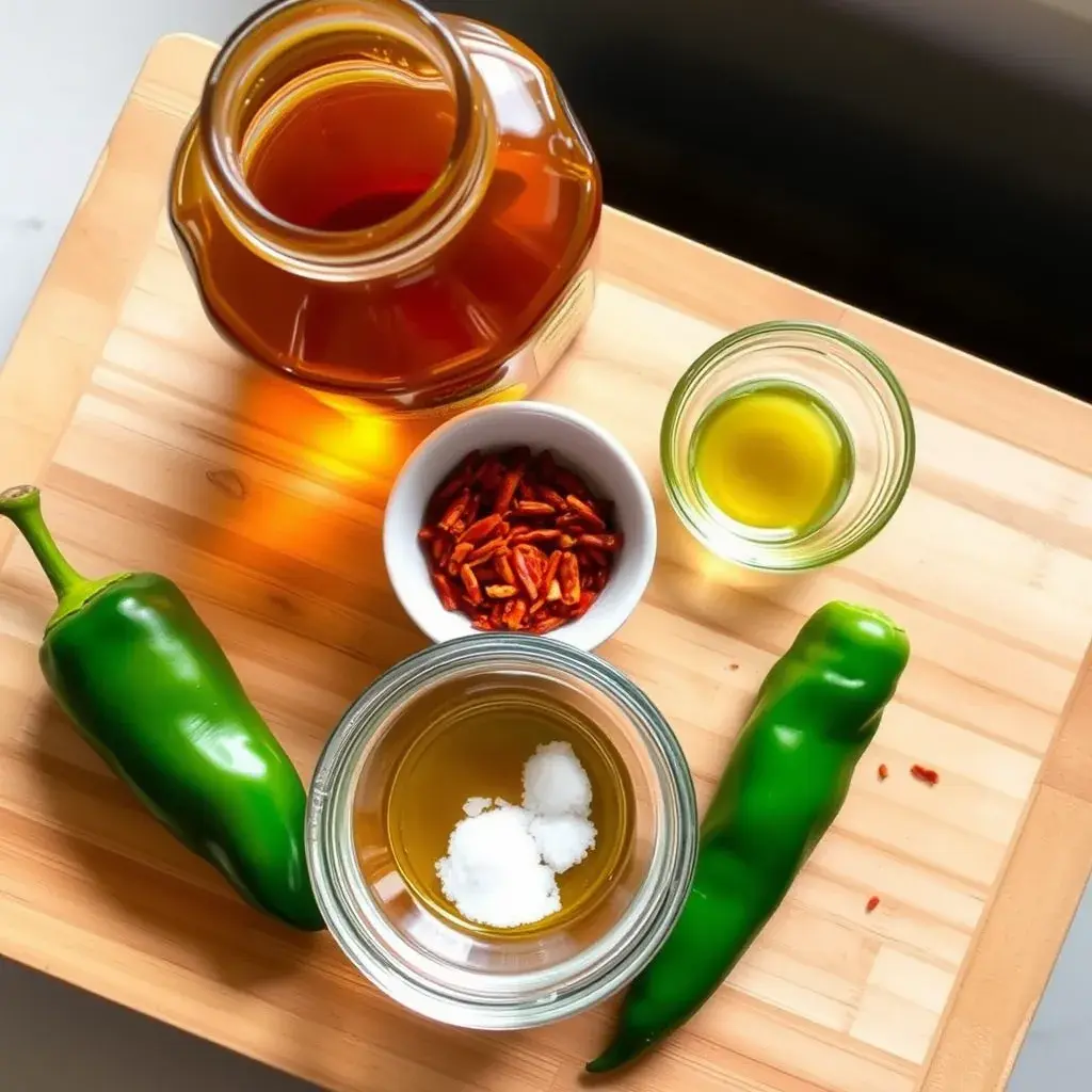 Ingredients for hot honey sauce, including honey, chili flakes, jalapeños, vinegar, and salt.