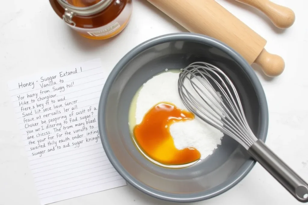 Mixing sugar and vanilla extract in a bowl with baking tools and a recipe card.