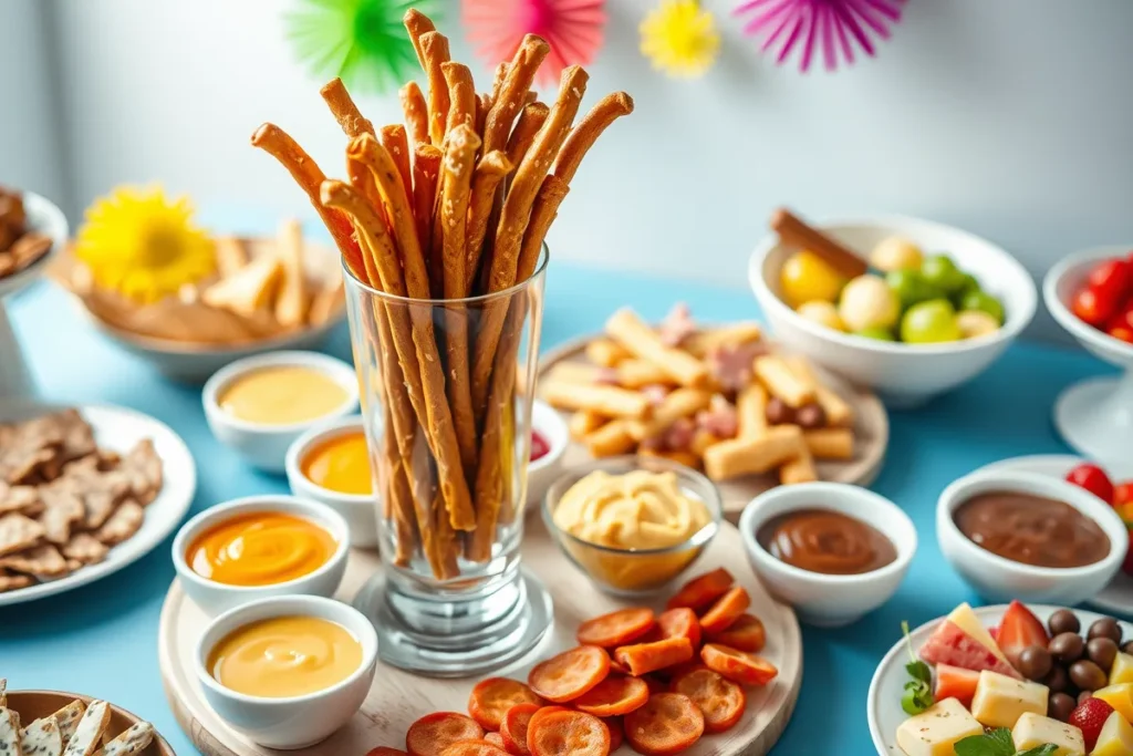 Party snack table with pretzel sticks and dipping sauces.