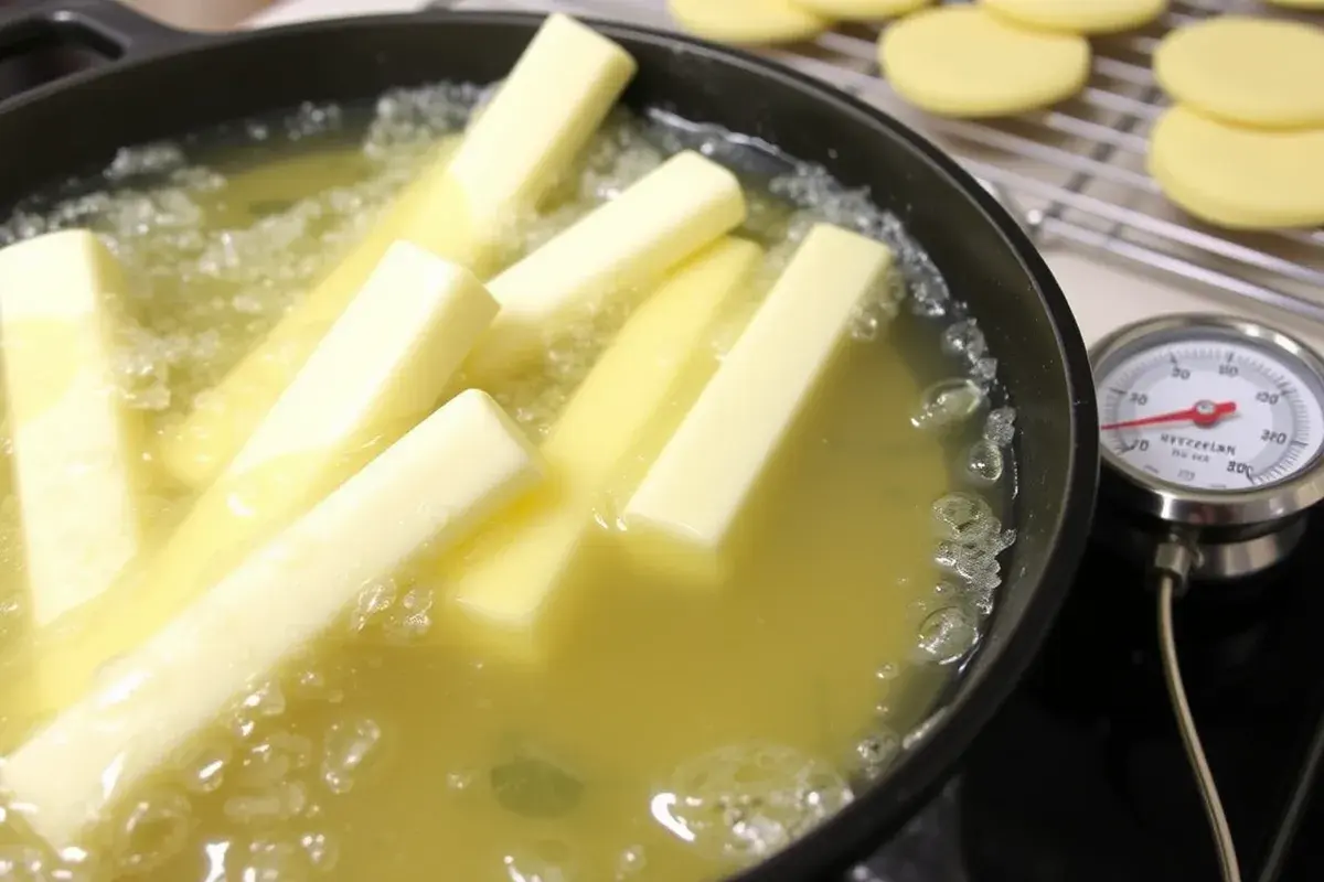 Mozzarella marinara sticks frying in hot oil in a cast-iron skillet.