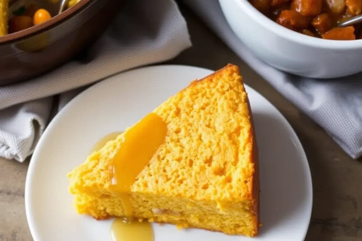 A slice of sweet potato cornbread with honey and chili pairing.