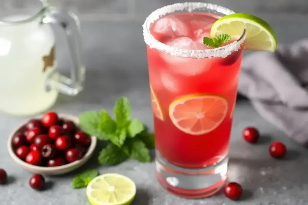 A ginger ale mocktail with cranberry juice and lime, served in a tall glass with mint garnish.