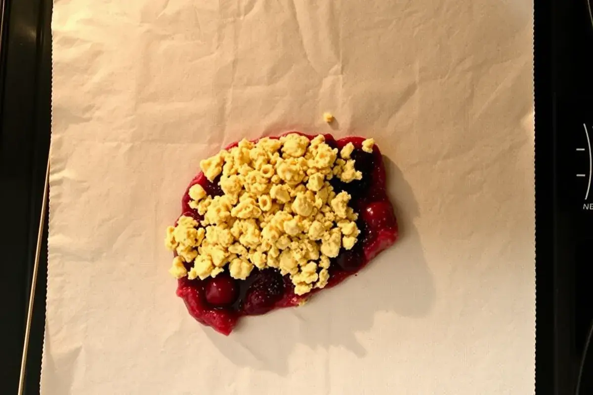 Berry crumble reheating in an oven to restore its crispy topping.