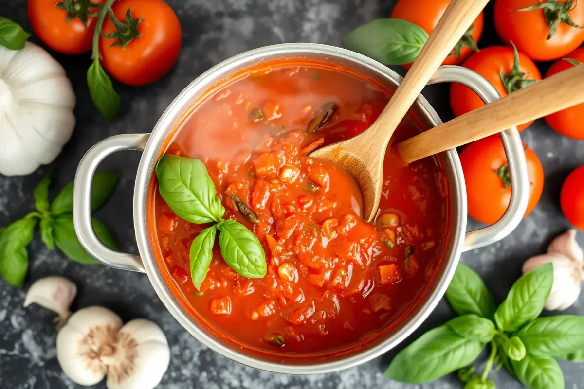 Simmering Pasta with Marinara Sauce and fresh tomatoes, garlic, and basil in a saucepan.