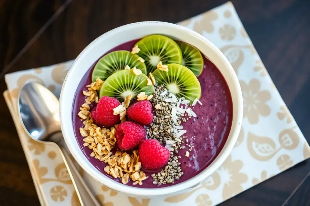 Tropical smoothie acai bowl topped with kiwi, granola, chia seeds, and toasted coconut.