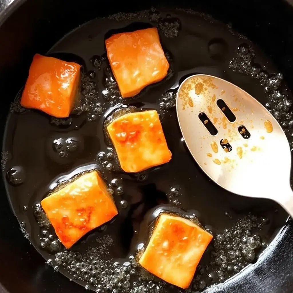 Salmon bites frying in a cast-iron skillet with bubbling oil.