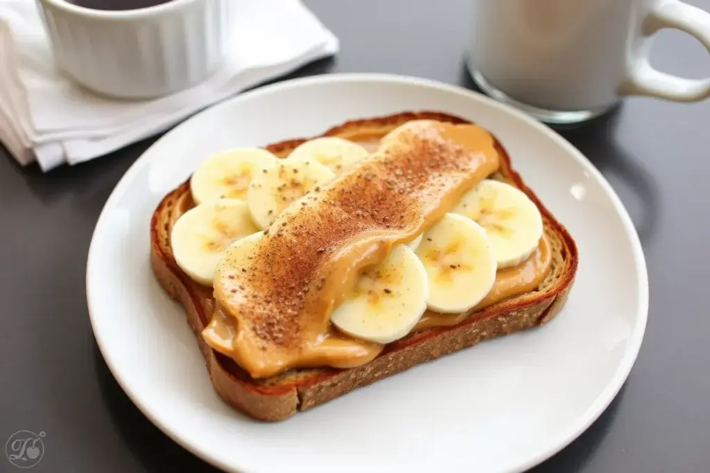 Toast with cinnamon peanut butter, banana slices, and chia seeds served with coffee.