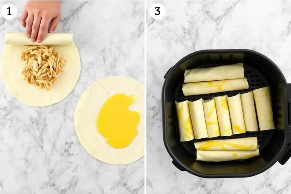 Step-by-step assembly of air fryer flautas with chicken filling.