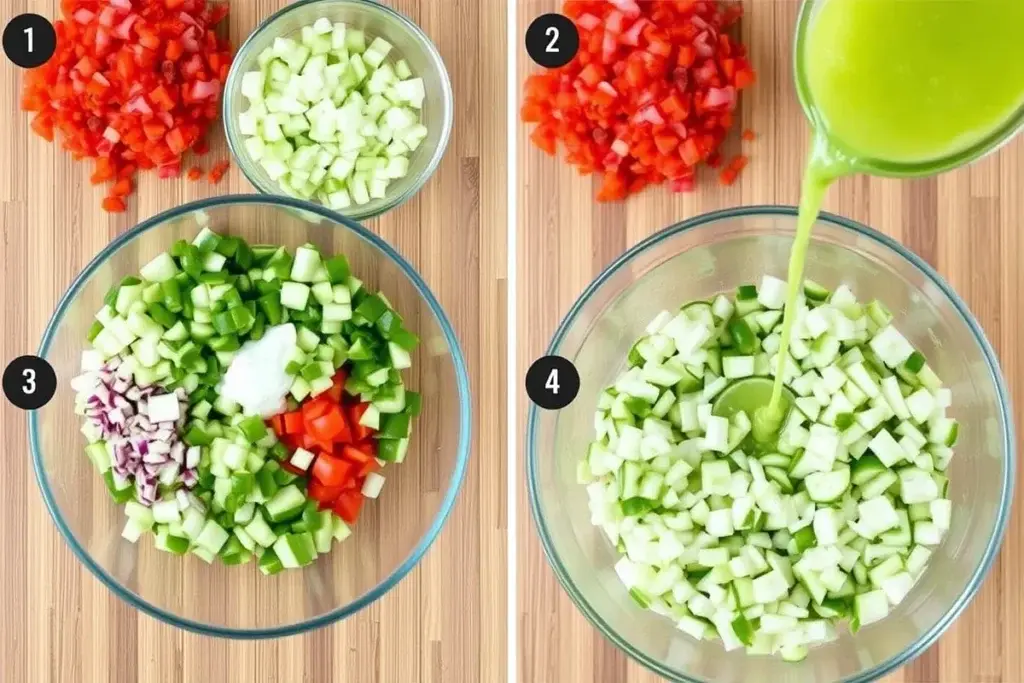 Ingredients for Pickle de Gallo being mixed in a bowl.