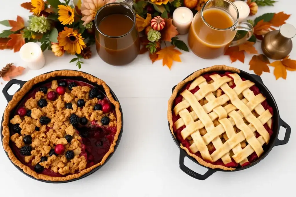 Apple pie and berry crisp on a festive autumn-themed table.