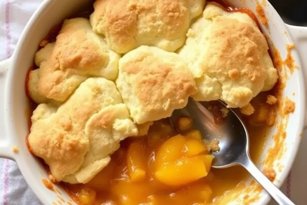 Peach cobbler with biscuit topping in a ceramic dish.