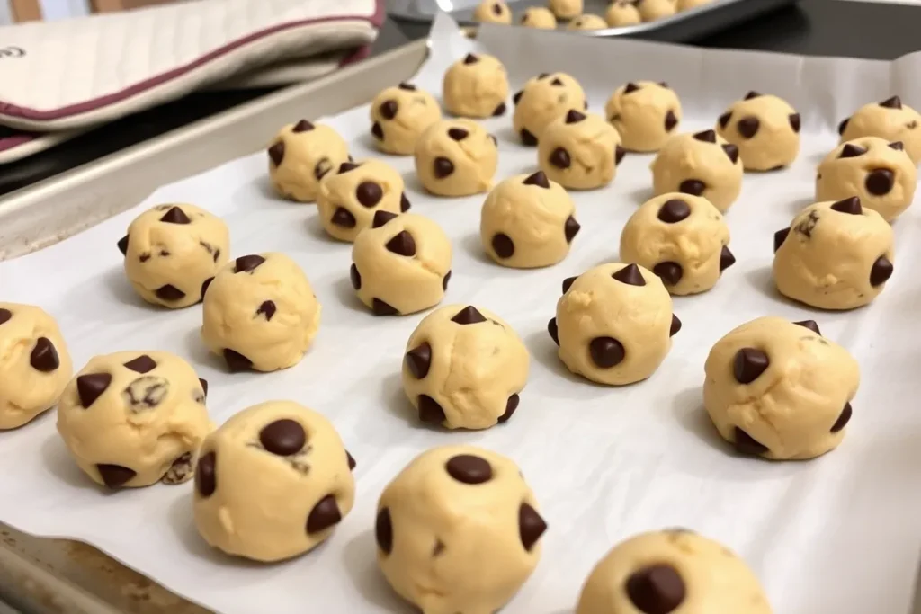 Cookie dough balls on a parchment-lined baking sheet, ready for the oven.