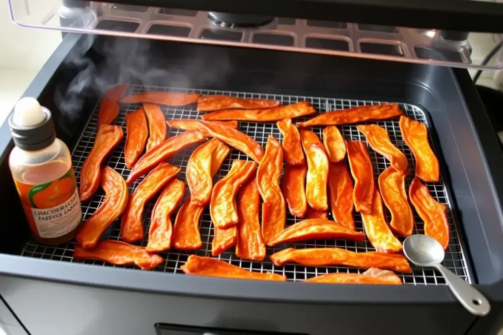 Chicken jerky strips drying in a dehydrator with smoked paprika nearby.