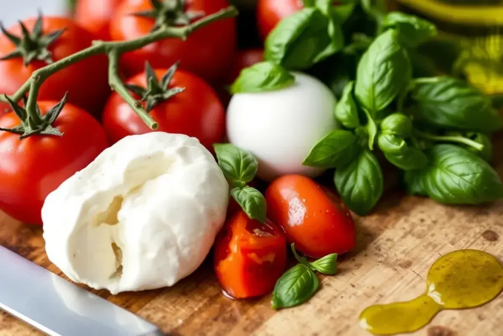 Fresh tomatoes, mozzarella, and basil for grilled chicken margherita.