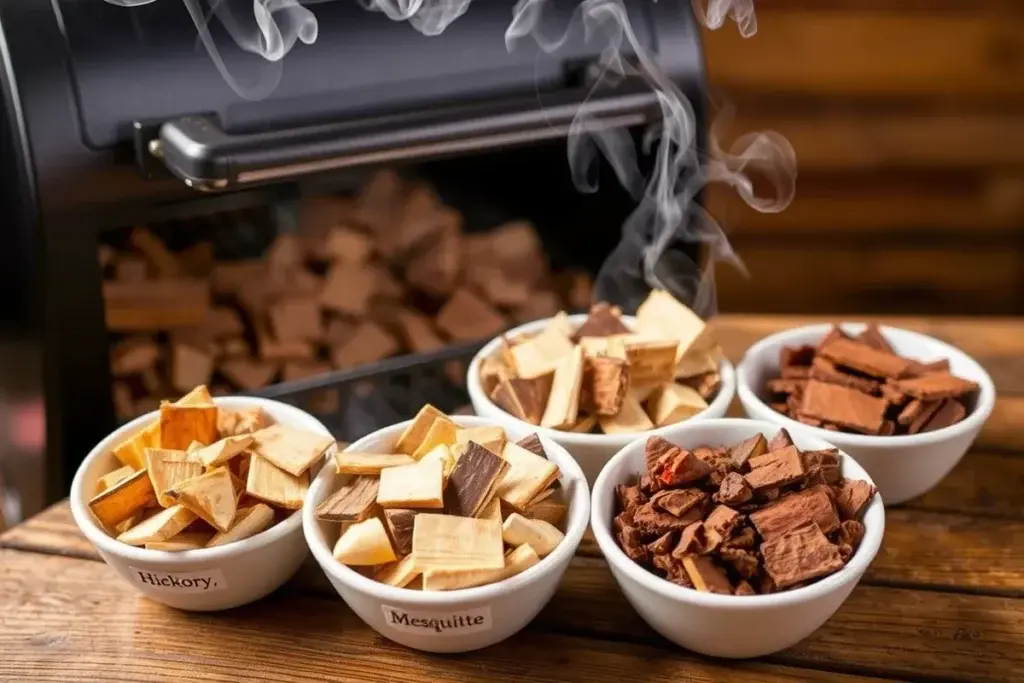 A collection of wood chips in small bowls, including hickory, apple, cherry, and mesquite. The wood chips are labeled and placed on a wooden surface with a smoker in the background. Smoke subtly rises, creating a barbecue atmosphere.