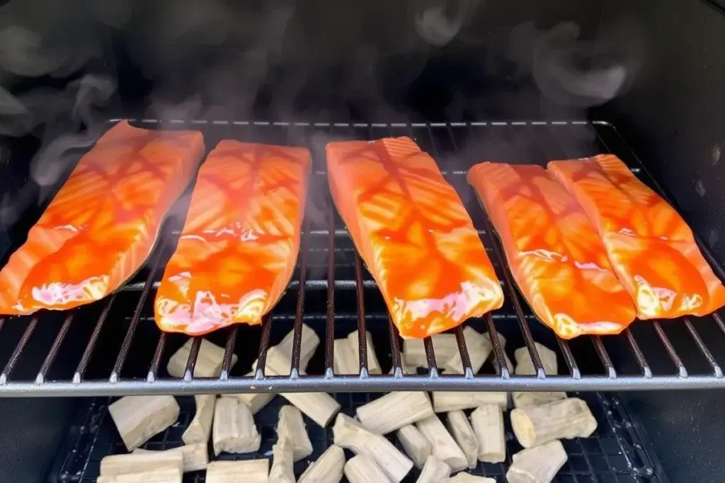 Salmon strips smoking with a caramelized maple glaze inside a smoker.