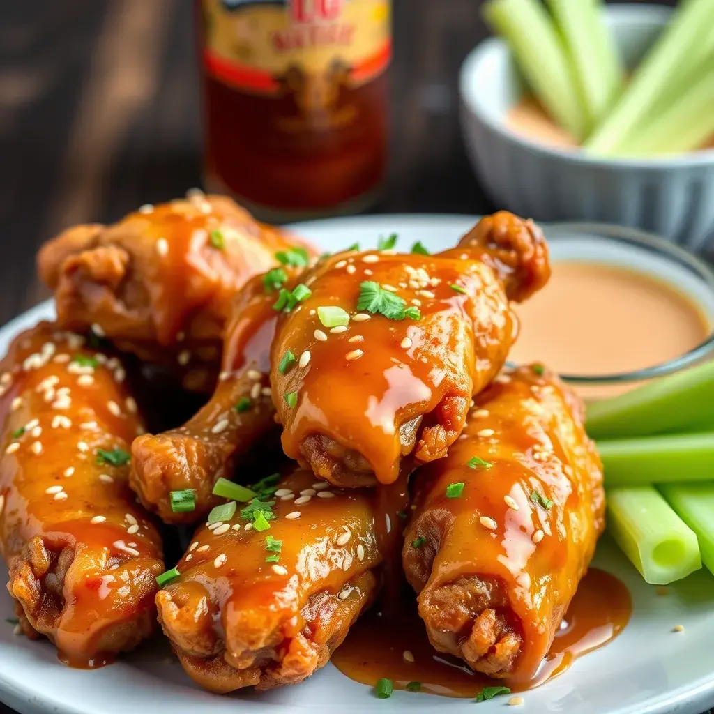 Fried chicken wings drizzled with hot honey sauce, garnished with herbs.