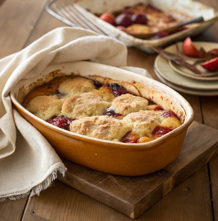 Freshly baked fruit cobbler cooling on a kitchen counter under a cloth.