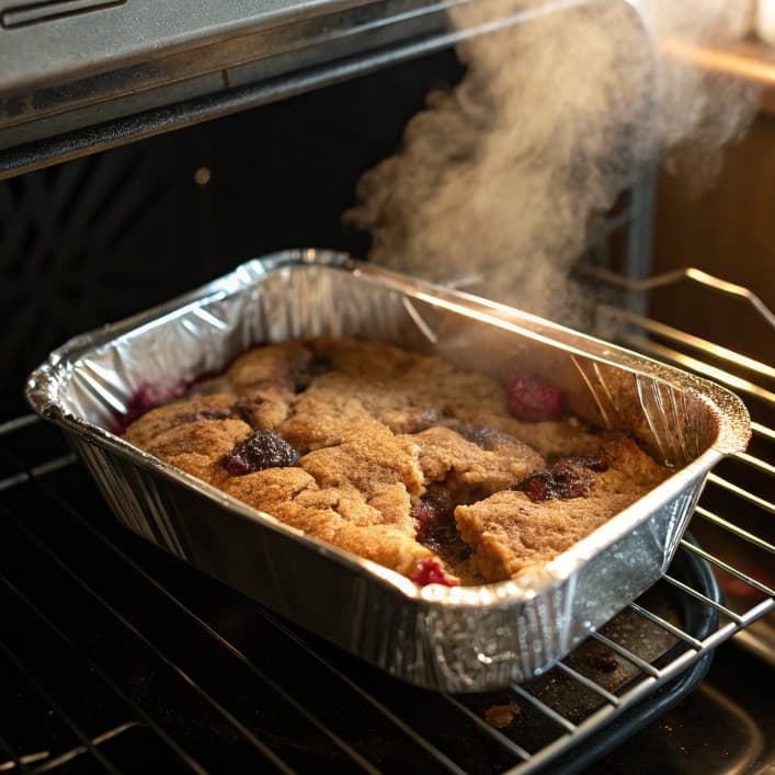 Leftover cobbler reheating in an oven-safe dish covered with foil.