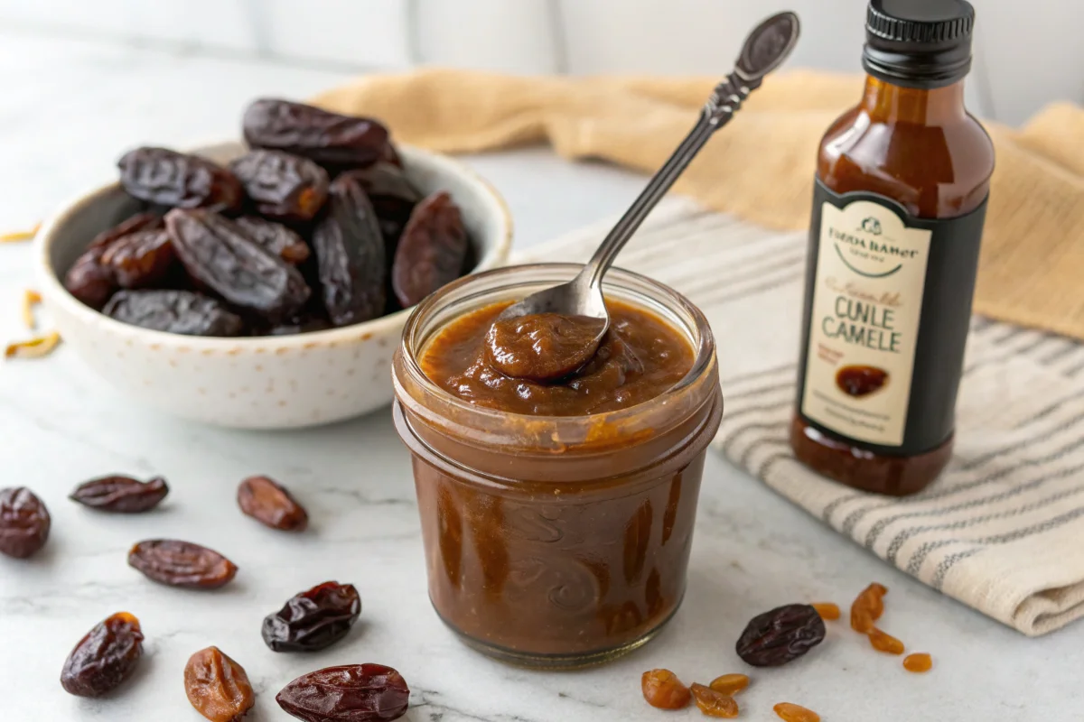 A jar of date caramel sauce with a spoon, surrounded by Medjool dates and vanilla extract.