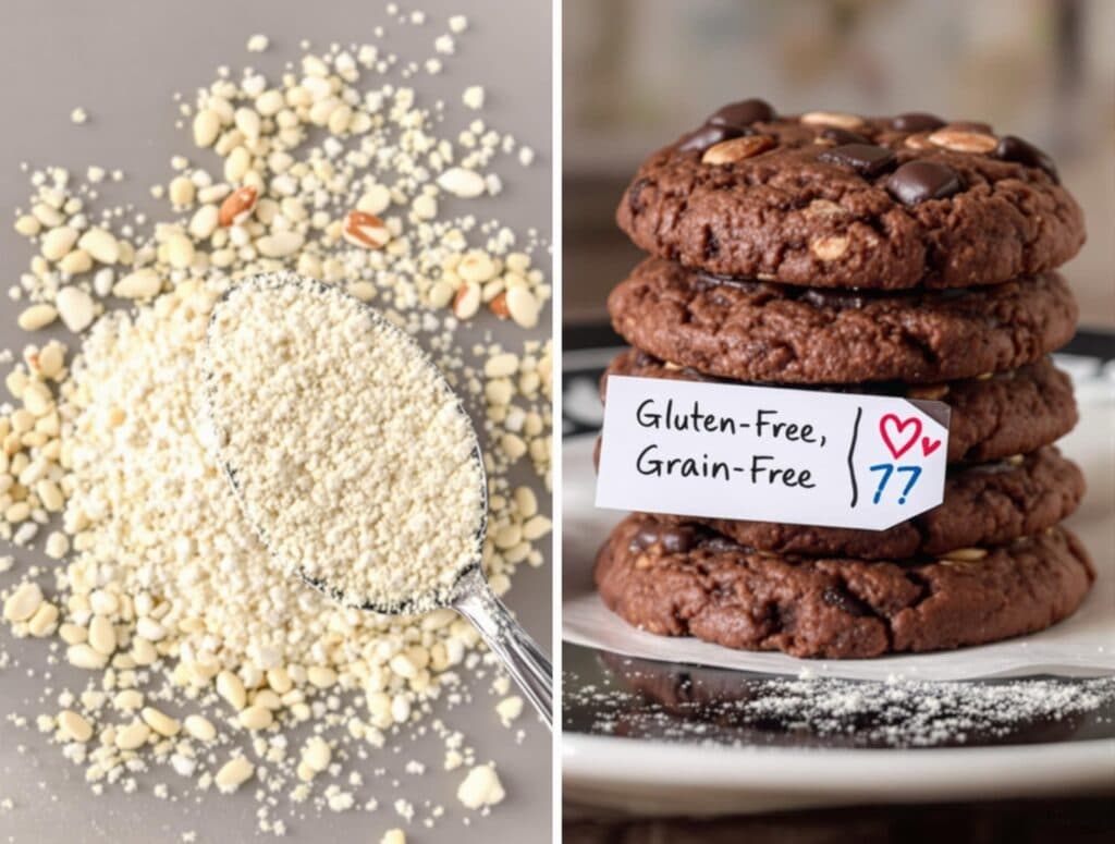 Finely milled almond flour beside grain-free chocolate cookies, highlighting gluten-free benefits.