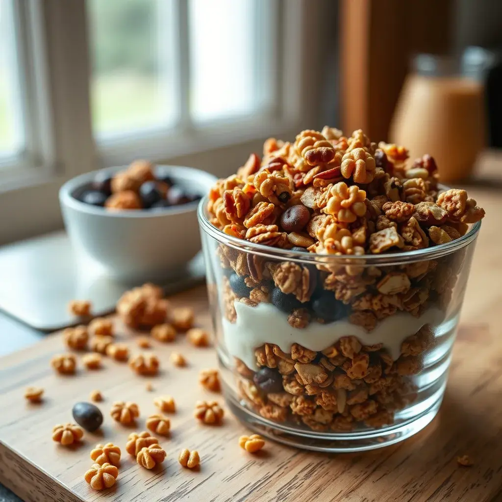 Homemade vanilla nut granola recipe with oats, almonds, pecans, and vanilla extract.