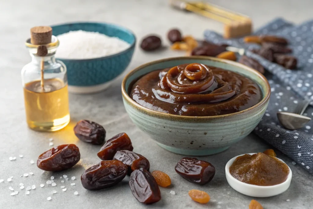 Bowl of date caramel surrounded by Medjool dates, vanilla extract, and a pinch of sea salt.