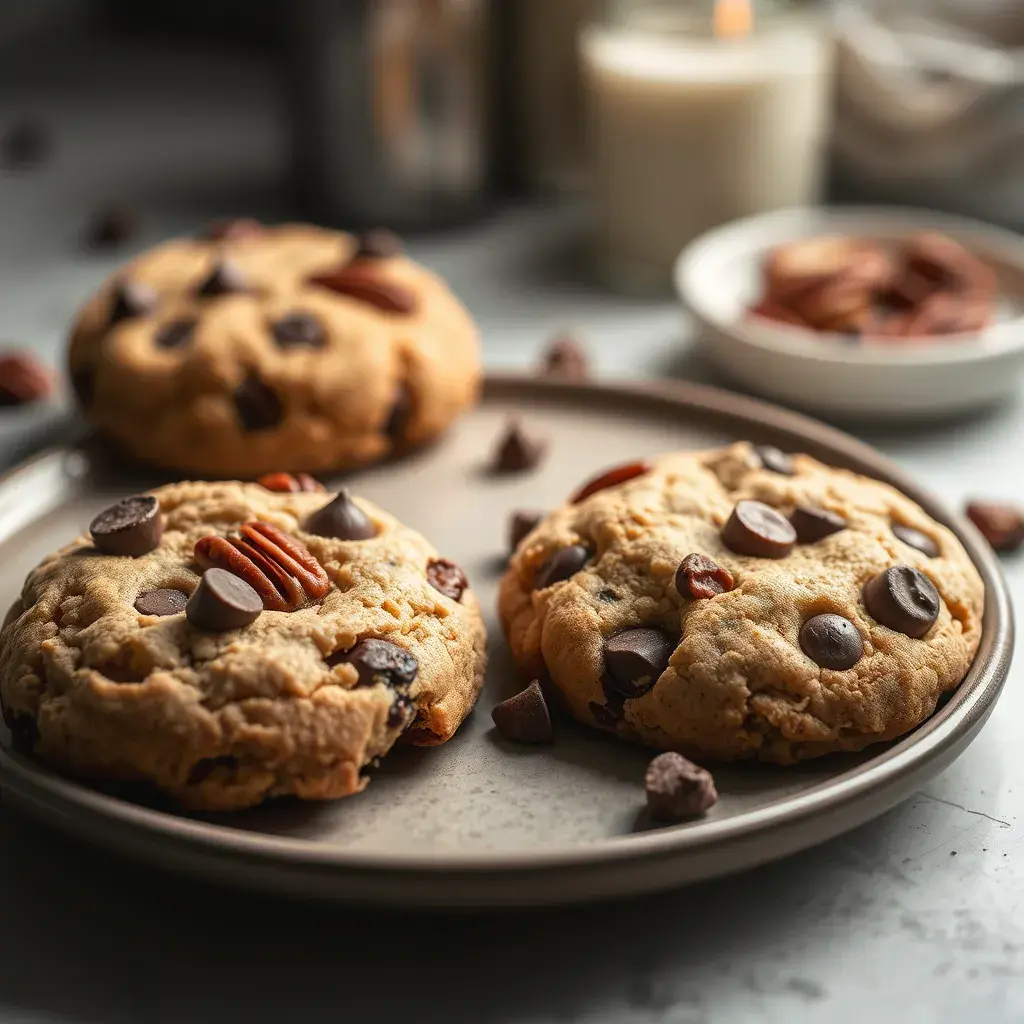 Close-up of freshly baked chocolate chip pecan cookies on a cooling rack