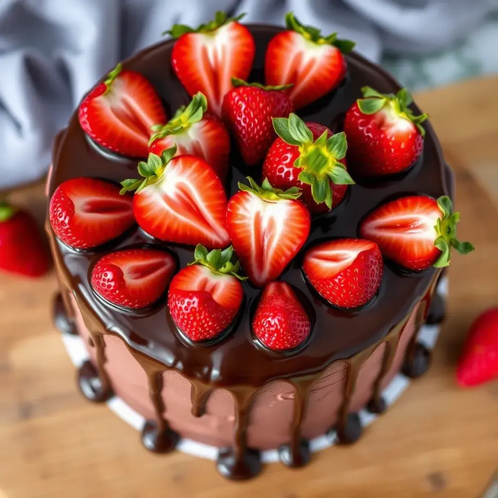 Overhead view of a three-layer chocolate strawberry cake with chocolate ganache drips and sliced strawberries on top.