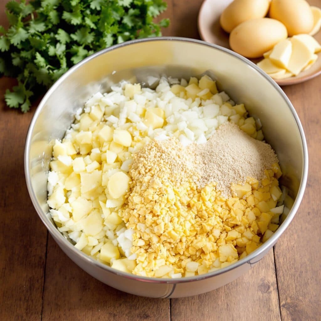 Ingredients for Passover potato pie being mixed in a bowl with fresh parsley in the background.