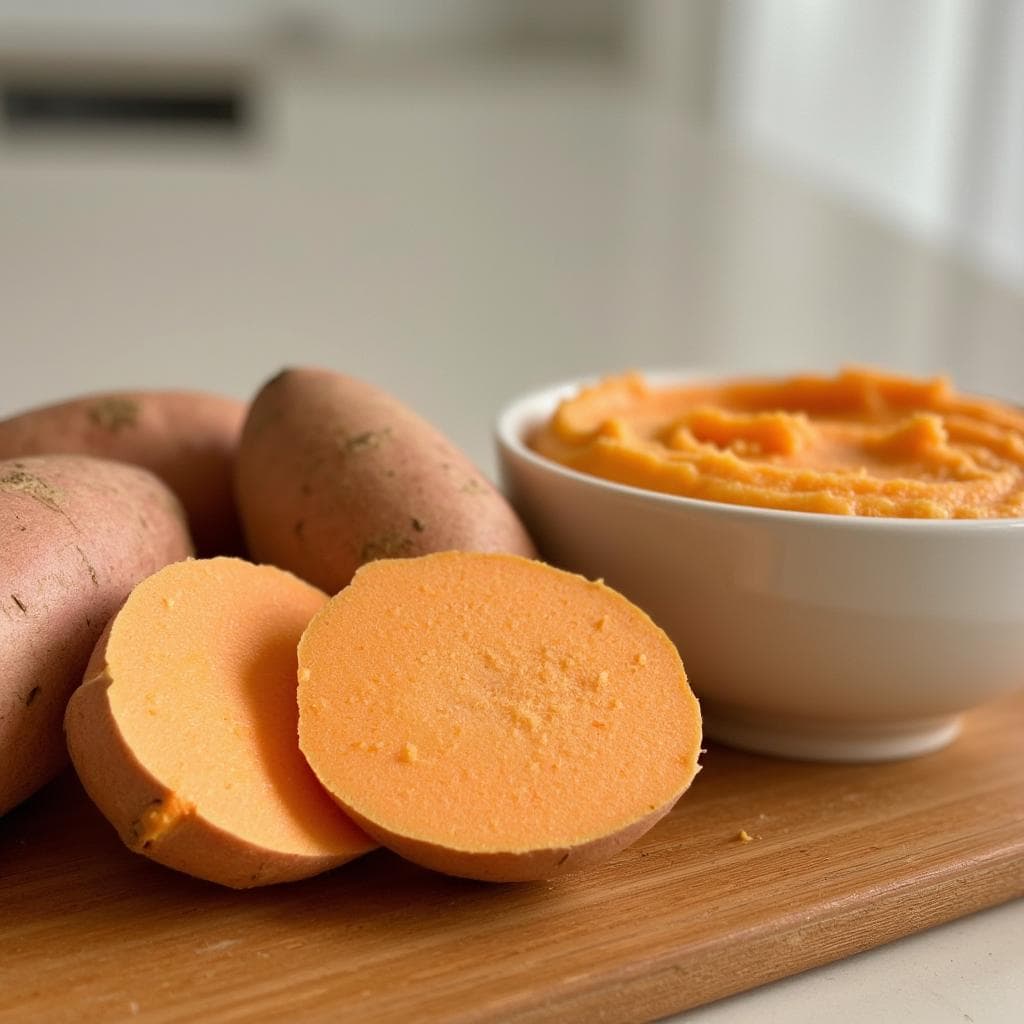 Fresh sweet potatoes and a bowl of mashed sweet potato puree.