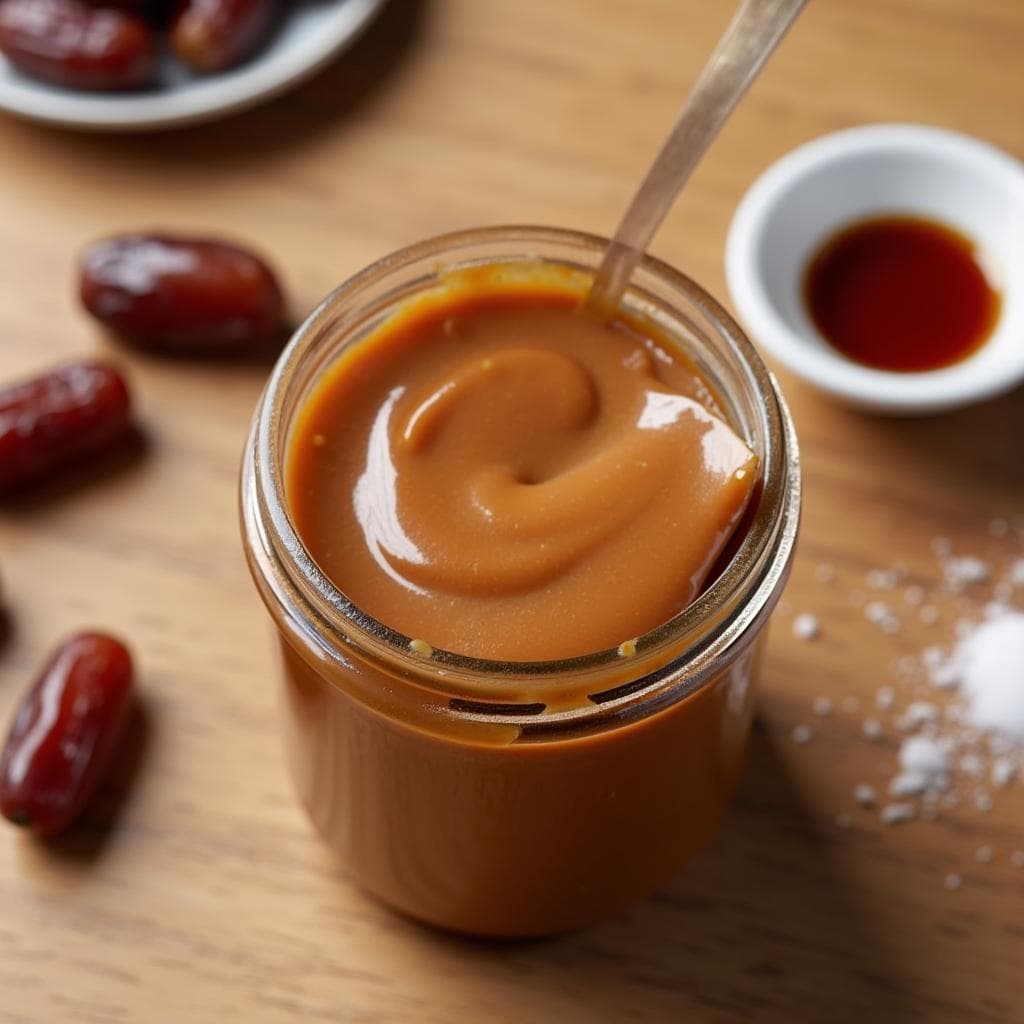 A jar of date caramel sauce with a spoon, surrounded by Medjool dates and vanilla extract.