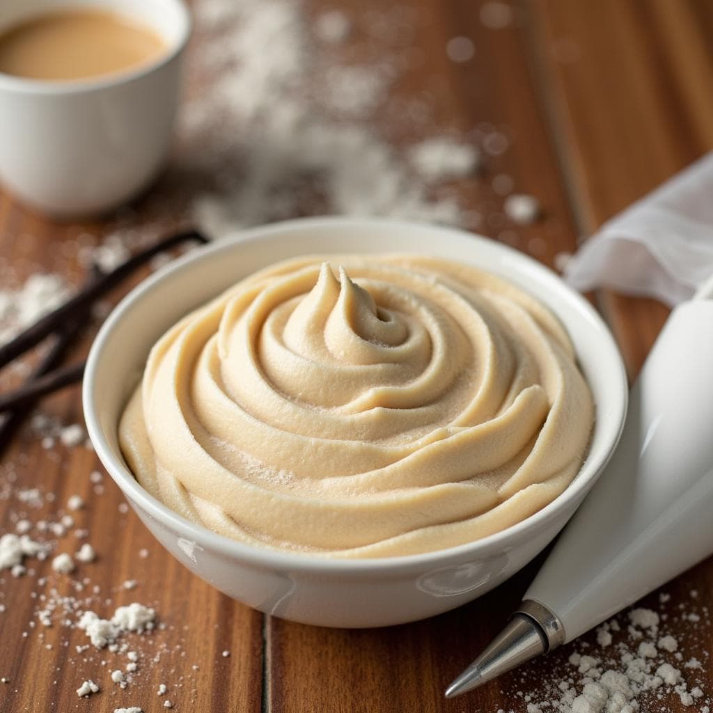 Creamy coffee vanilla frosting in a bowl with coffee and vanilla beans.