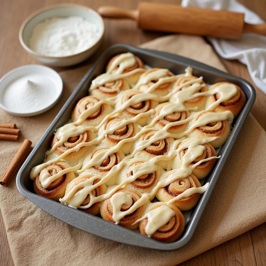 Tray of freshly baked mini cinnamon rolls with cream cheese icing.