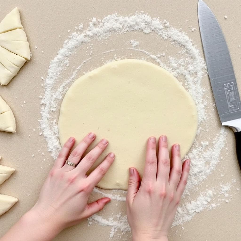 Shaping crescent-shaped dough for gipfeli on a floured surface.