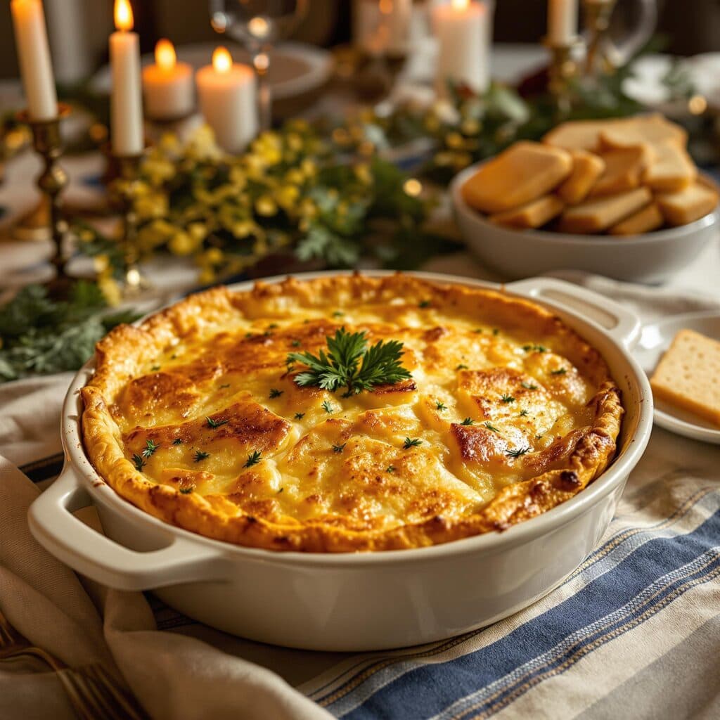 Baked Passover potato pie garnished with parsley on a holiday table.